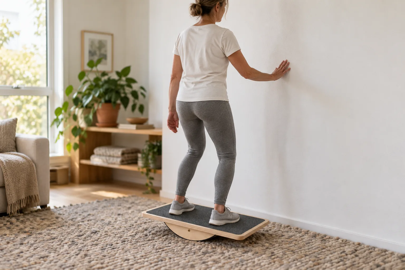 A woman stands on a wooden balance board on a wool rug, both feet in trainers on its grey grip surface, her fingertips resting on the wall beside her for support.