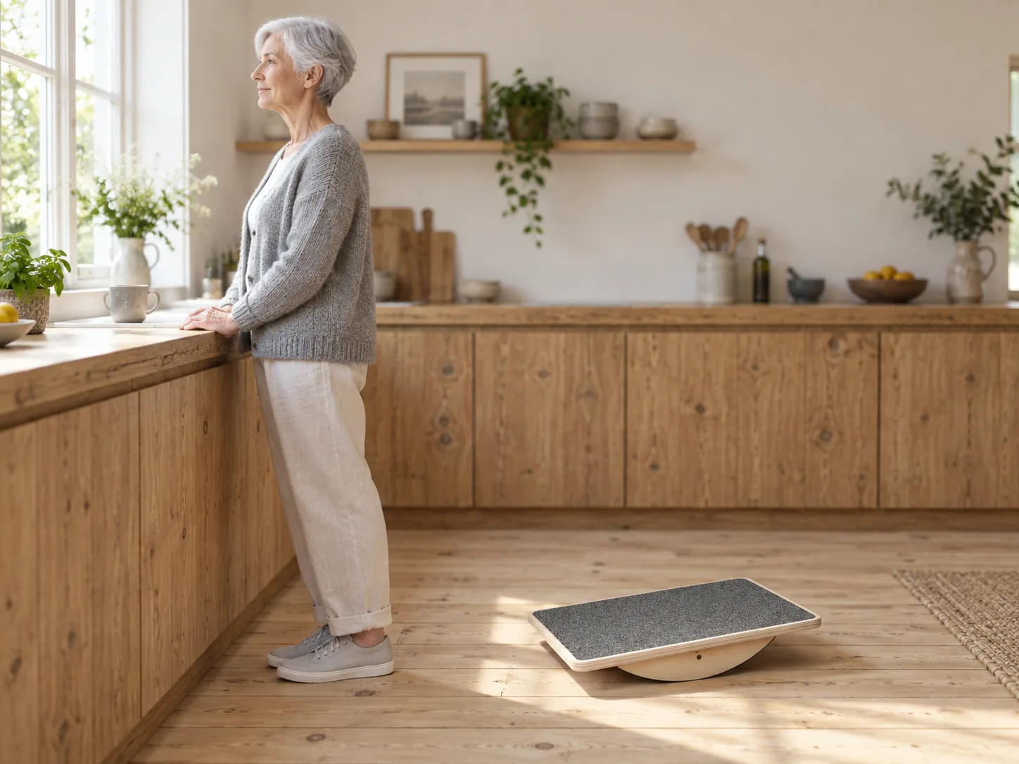 An older woman with short silver hair stands beside a kitchen worktop with her fingertips resting on its edge, a wooden balance board sitting at rest on the floor behind her.