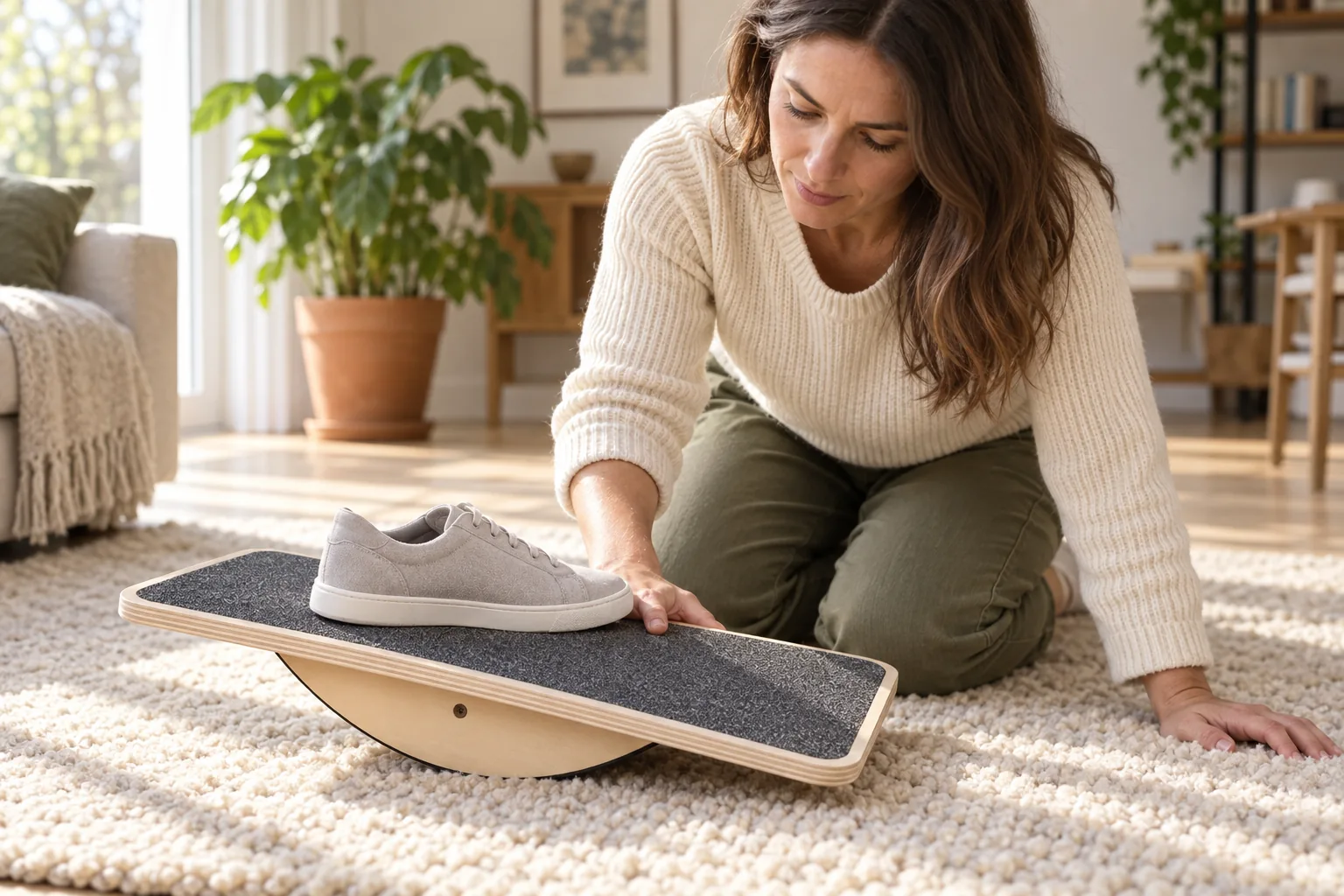 A single trainer set flat on the grey grip surface of a wooden balance board, a hand resting on the board's near edge where the plywood plies show, and a woman kneeling beside it looking down at how much deck is left around the shoe.