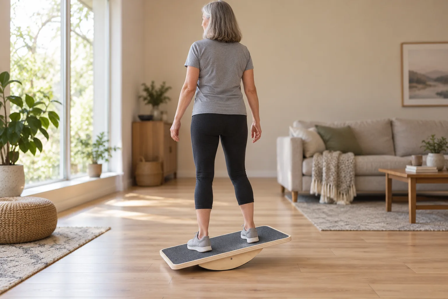 A woman stands on a wooden balance board in a living room, both feet in trainers on its grey grip surface, the board tipped so one long edge has come down close to the floorboards.