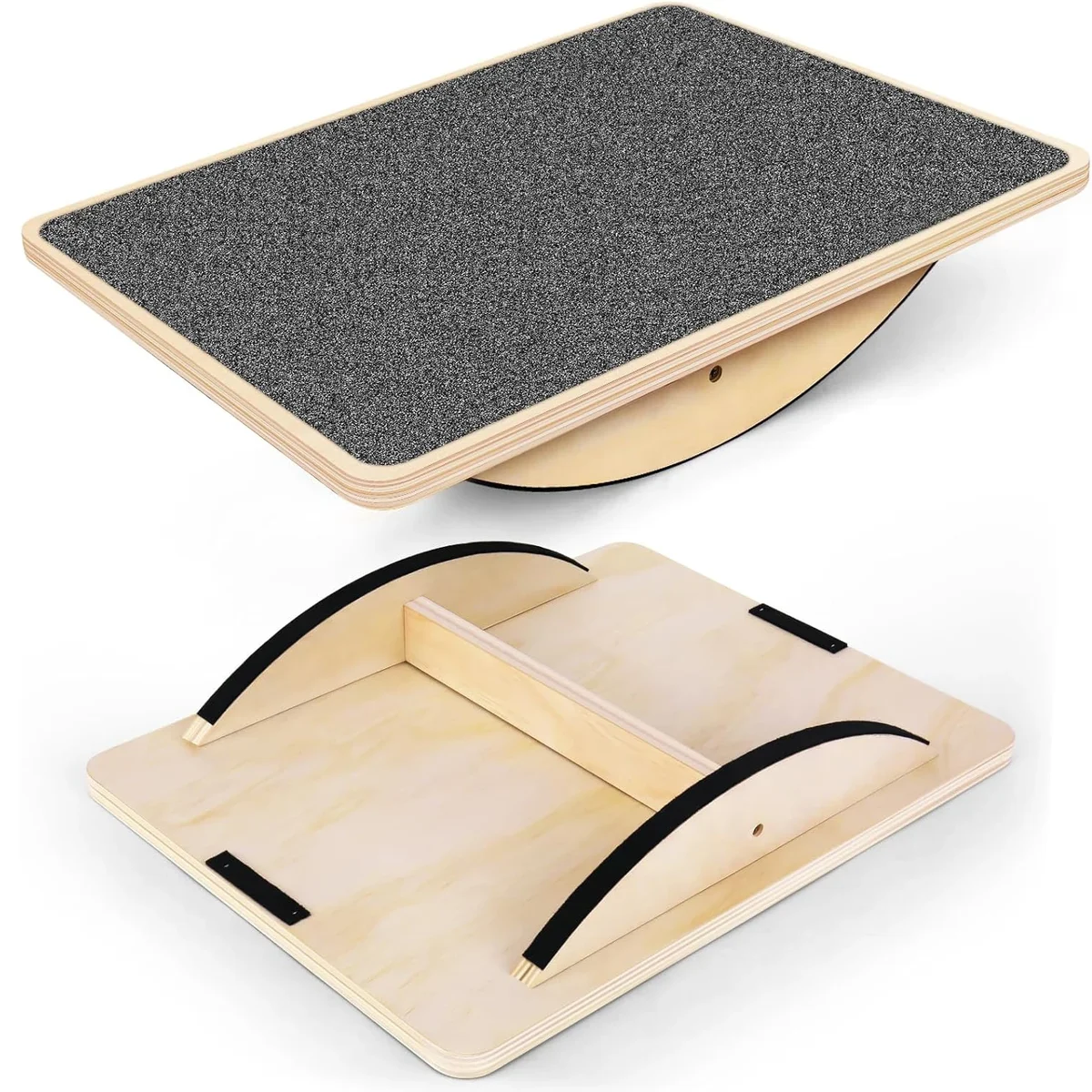 Two Stavik balance boards on a white background: the top one showing its dark grit surface, the lower one turned over to show two curved plywood rails and a central spine underneath.