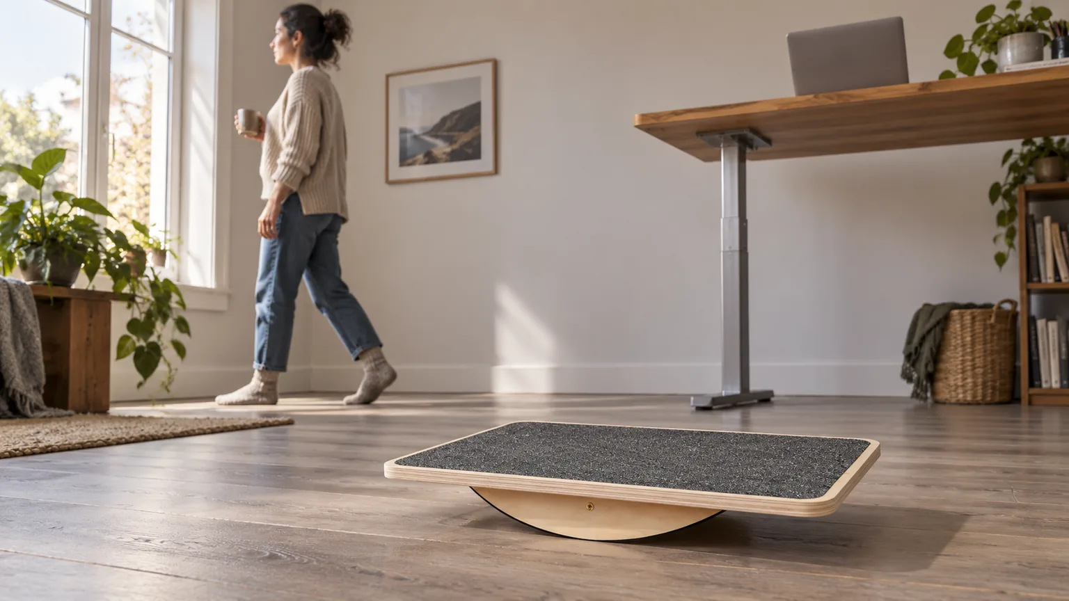A wooden balance board sits empty on the floor in front of a standing desk, its grey grip surface level and its curved rail visible beneath the near edge, while a person in wool socks walks away toward the window holding a mug.